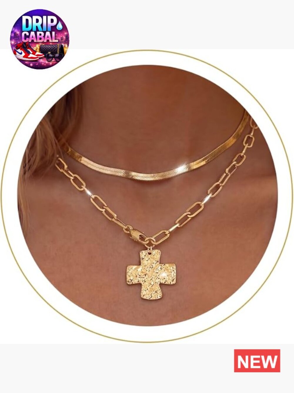 Chunky Cross Necklace Set 14K Gold Plated Pendant Paperclip Chain Jewelry